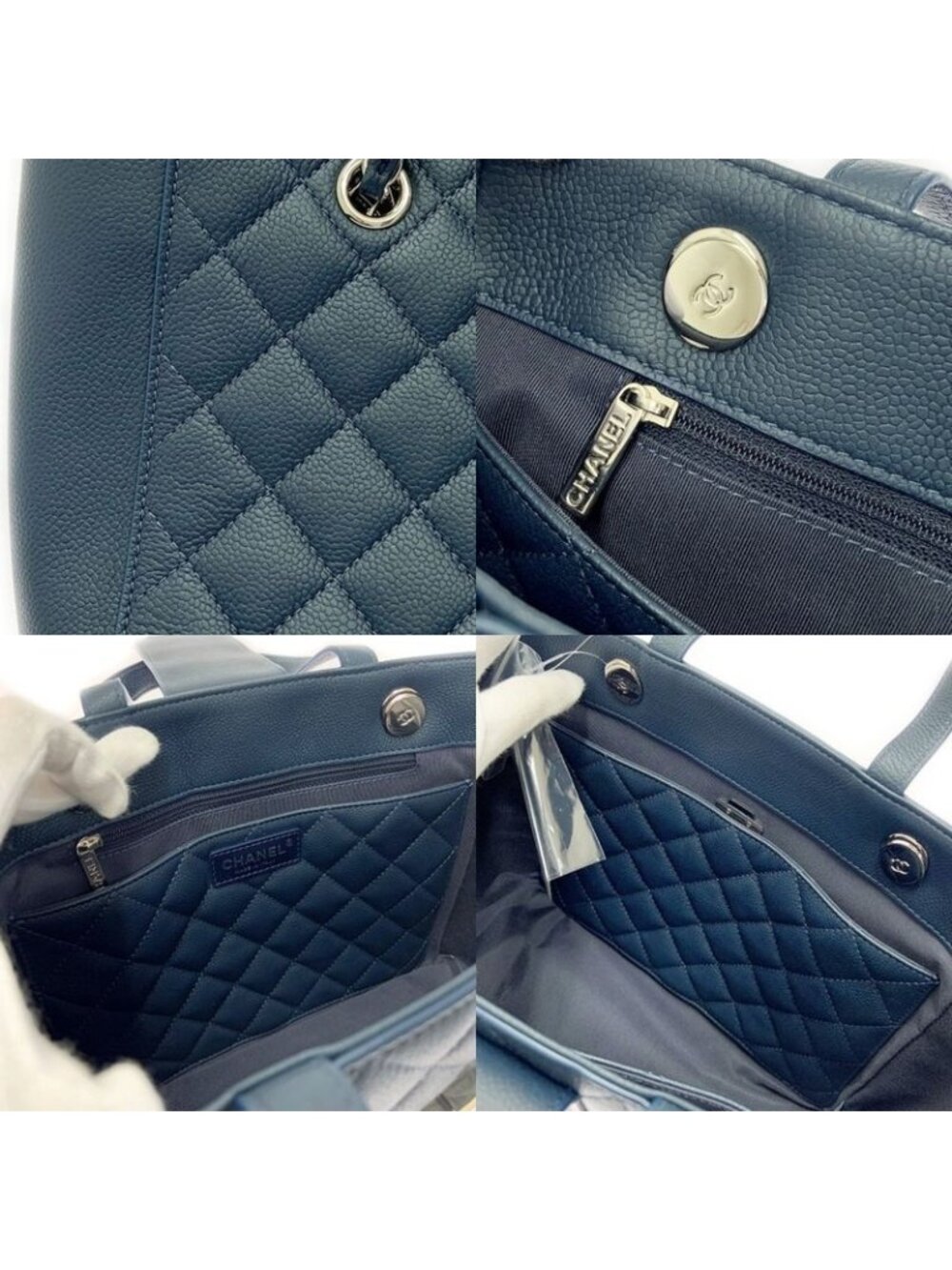 Chanel Quilted Caviar Leather Small Shopping Bag Navy Shoulder - Picture 8 of 11